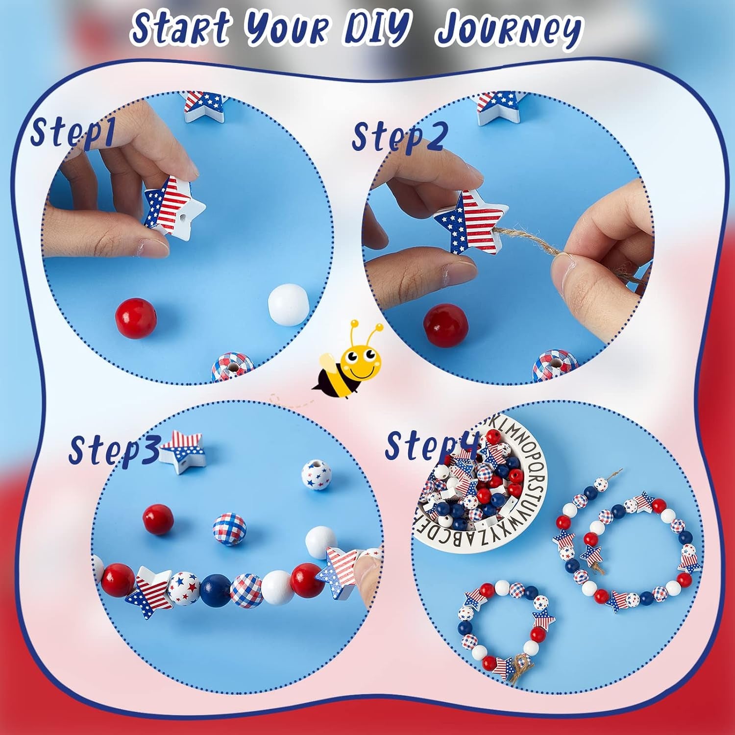 180 Pieces Patriotic Beads 4Th of July Wood Beads Independence Day Craft Bead America Flag Stars Beads Blue White Red Plaid Bead for DIY Garland Bracelet Necklaces Tiered Tray Decor (Classic Style)