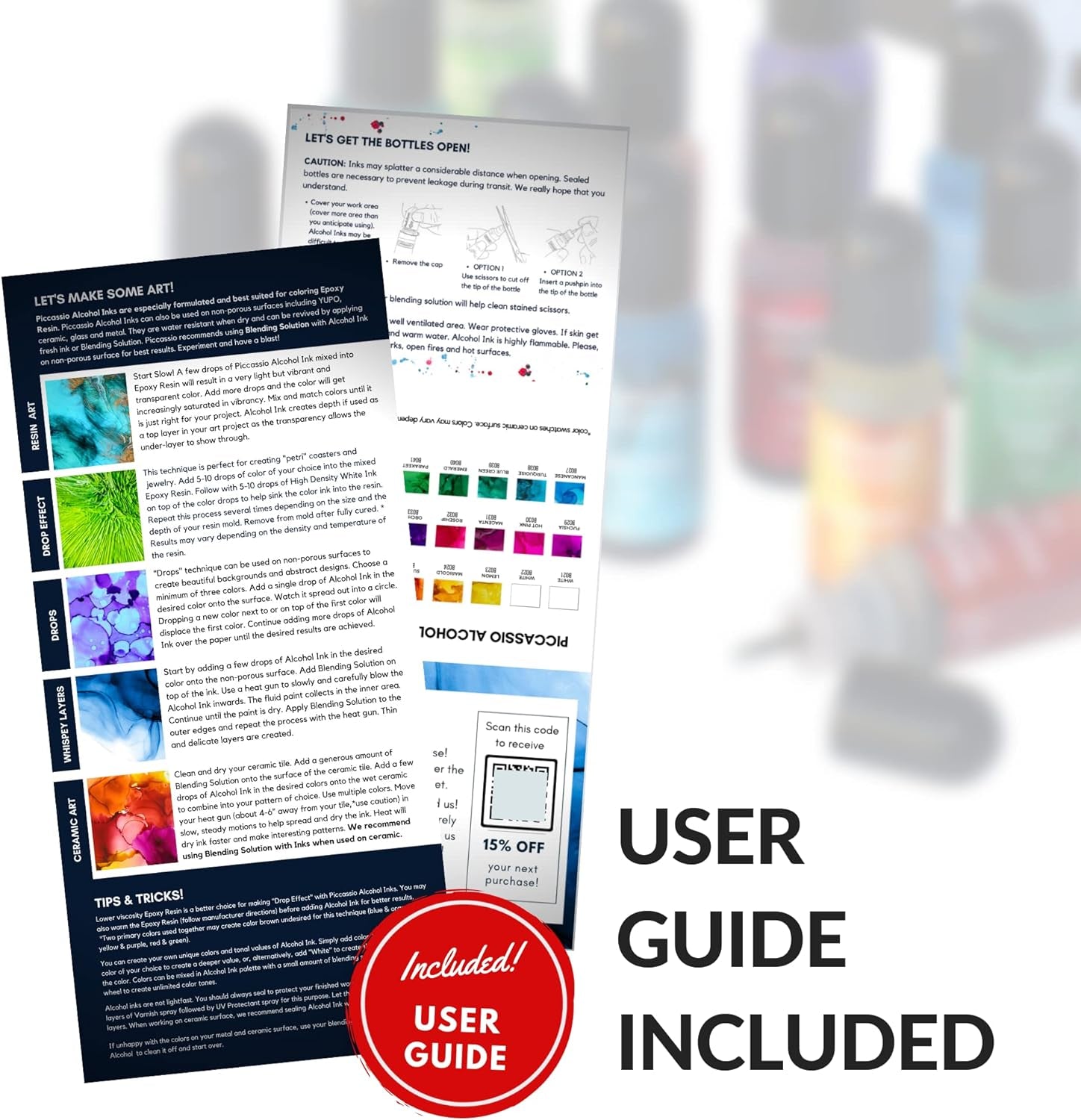Alcohol Ink Set - New Improved Formula - 24 Highly Saturated Alcohol Inks - Fast-Drying and Permanent Inks - Versatile Alcohol Ink for Epoxy Resin, Tumblers, Fluid Art Painting, Glass, Metal Etc