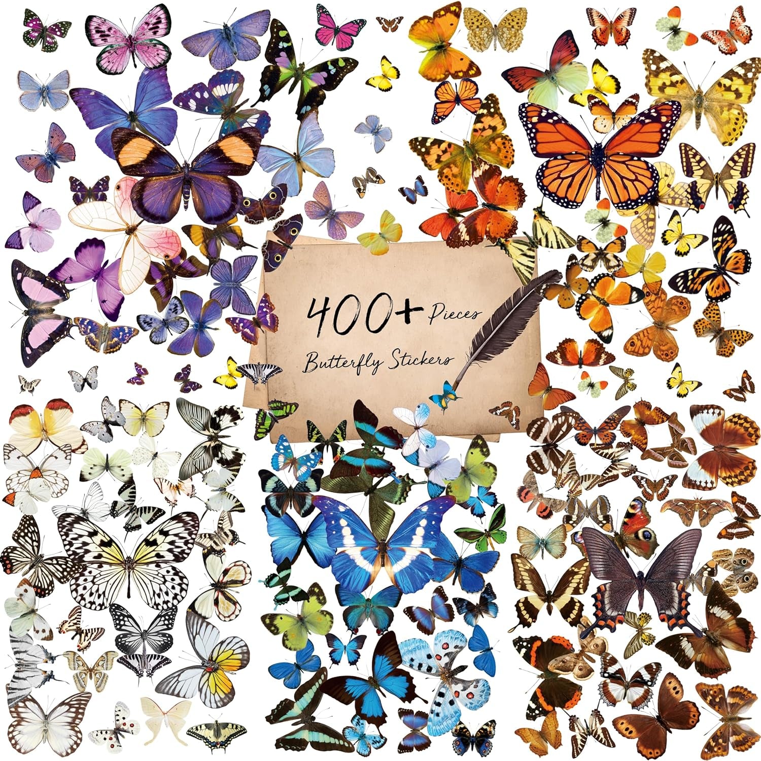 400+ PCS Realistic Butterfly Stickers, Self-Adhesive PVC Vintage Butterfly Stickers for Scrapbook, Laptop, Journal, DIY Project, Window, Envelope Spring Themed Party Decors