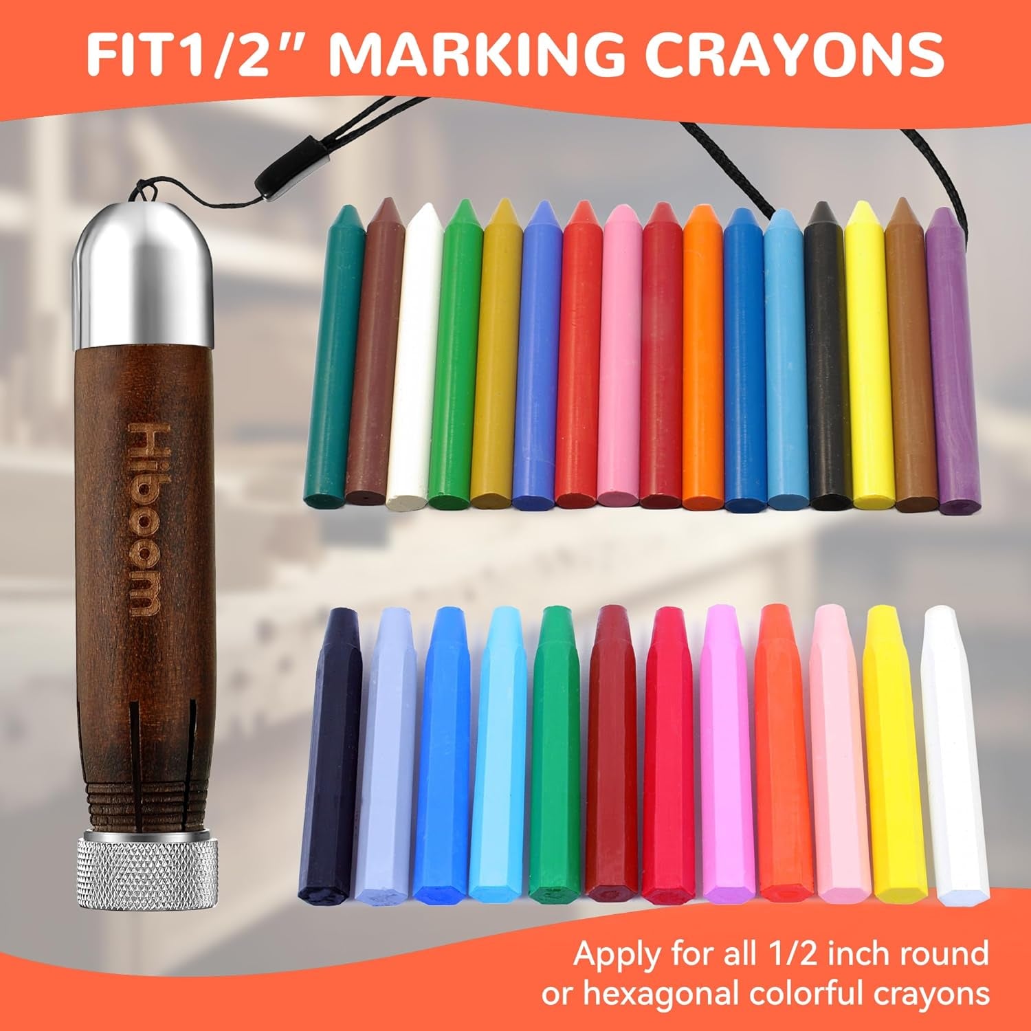 2 Pack Crayon Holder for 1/2'' round or Hexagonal Marking Crayons, Wood Lumber Crayon Holder with Metal Chuck, Metal Caps and Nylon Lanyard, Walnut Handle