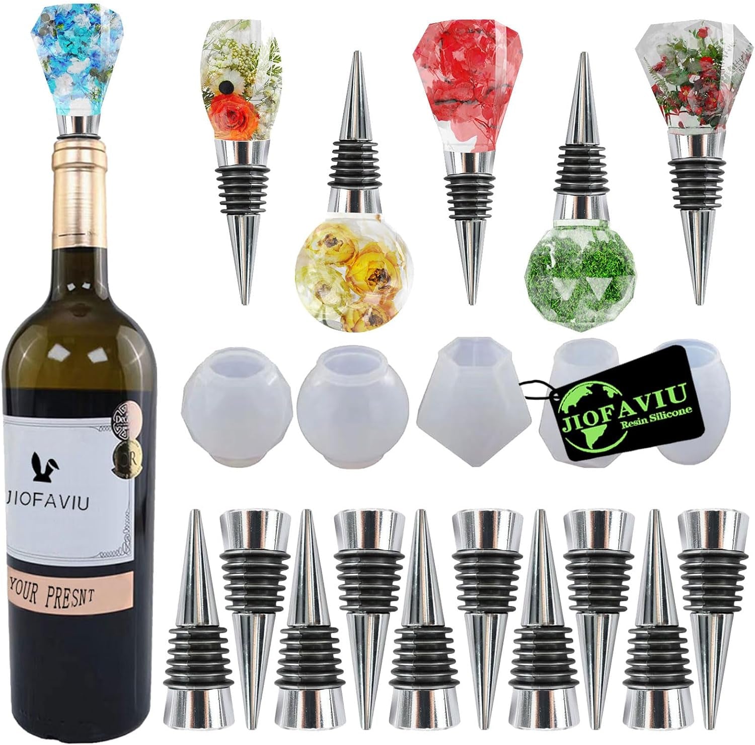 JOFAVIU 15 Pcs Resin Wine Bottle Stoppers Molds Set, Wine Stopper Silicone Molds for Epoxy Resin, Stopper Epoxy Resin Silicone Molds Set Kits (5 Molds with 10 Stoppers)