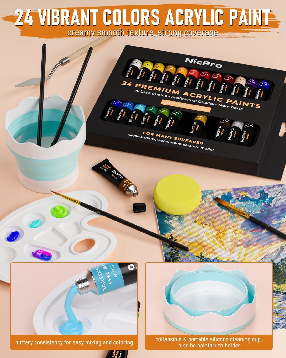 68PCS Acrylic Paint Canvas Set for Adults &amp; Kids, Art Painting Supplies Kit with 24 Paints,Table Easel,8 Canvas Panels,12 Brushes,Paper Pad,Cleaning Cup,Sponge,Palette for Artist Beginner