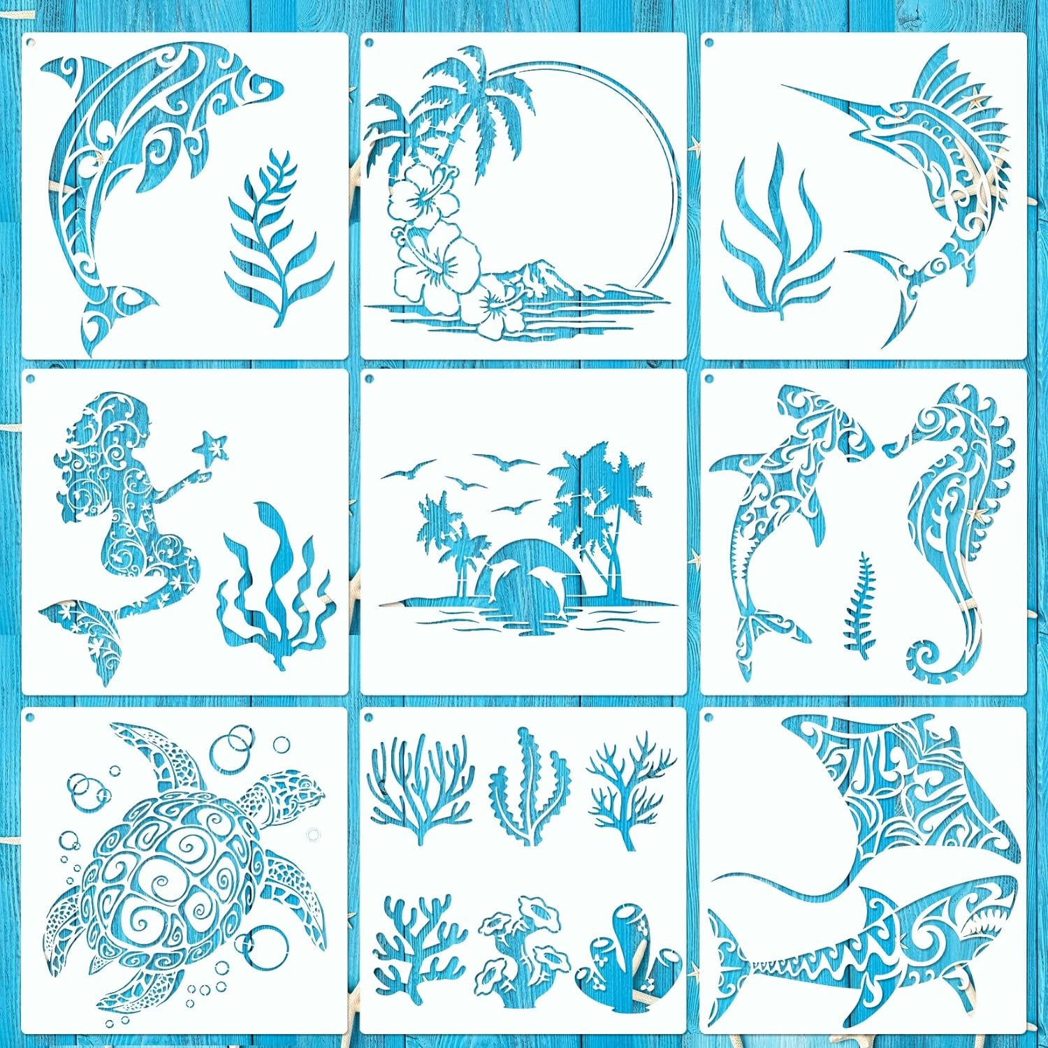 9Pcs Ocean Sea Turtle Jellyfish Dolphin Skeleton Fish Stencils Sea Animal Tropical Template Hawaiian Palm Tree Beach Dolphin Shark Stencils for Painting on Wood DIY Craft Wall Décor (Fancy)