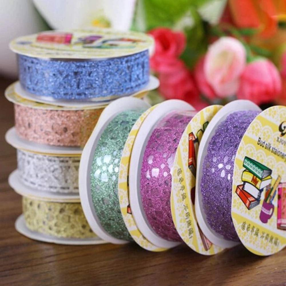 Lace Washi Tape, 6 Roll Lace Pattern Glitter Bling Self-Adhesive Tape Diamond Washi Tape Masking DIY Scrapbooking Lace Tape Sticker Color Random