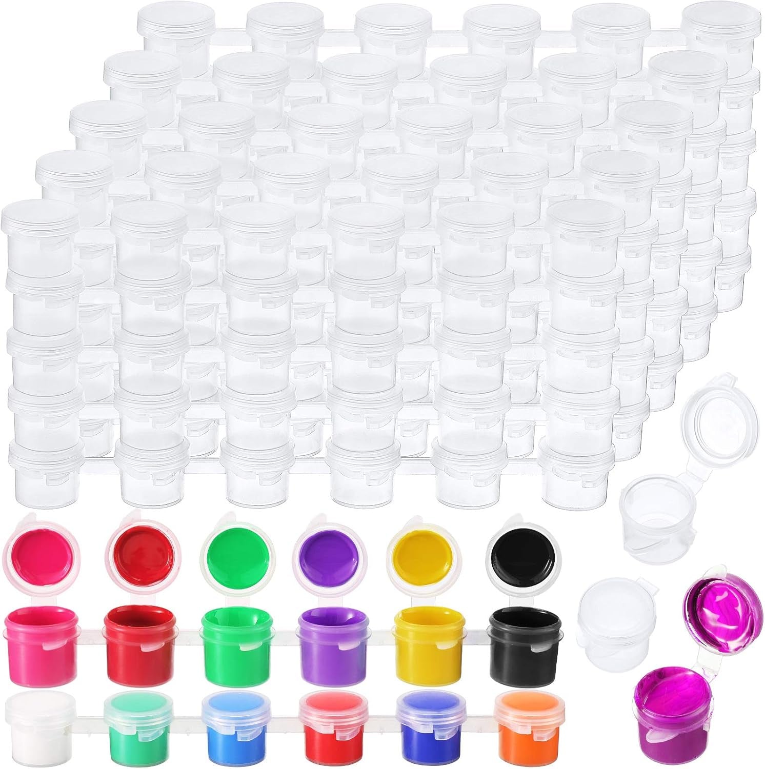 100 Strips 600 Pots Empty Paint Strips Paint Cup Pots Mini Strips Clear Plastic Storage Containers Art Painting Craft Supplies for Classrooms Schools Paintings Art Festivals (3 Ml/ 0.1 Oz)