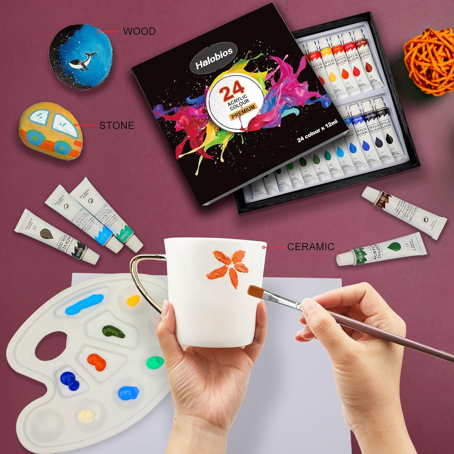 Acrylic Paint Set with 3 Paint Brushes, 24×12Ml Colors Premium Paint Set with 1 Palette 1 Canvas Boards, Art Painting Kits for Adults, Paint Supplies for Canvas Rock Painting Craft Art Class