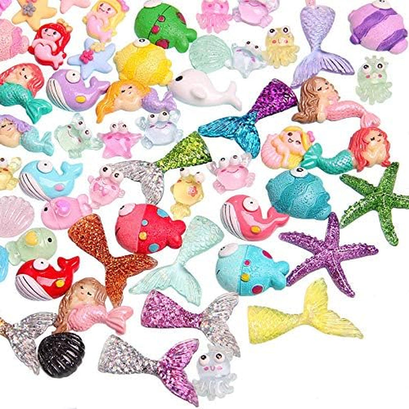 100Pcs Miniature Ocean Animals Mermaid Fish Dolphins Glitter Charms Decoration Flatback Resin Sets for DIY Fairy Garden Accessories Crafts