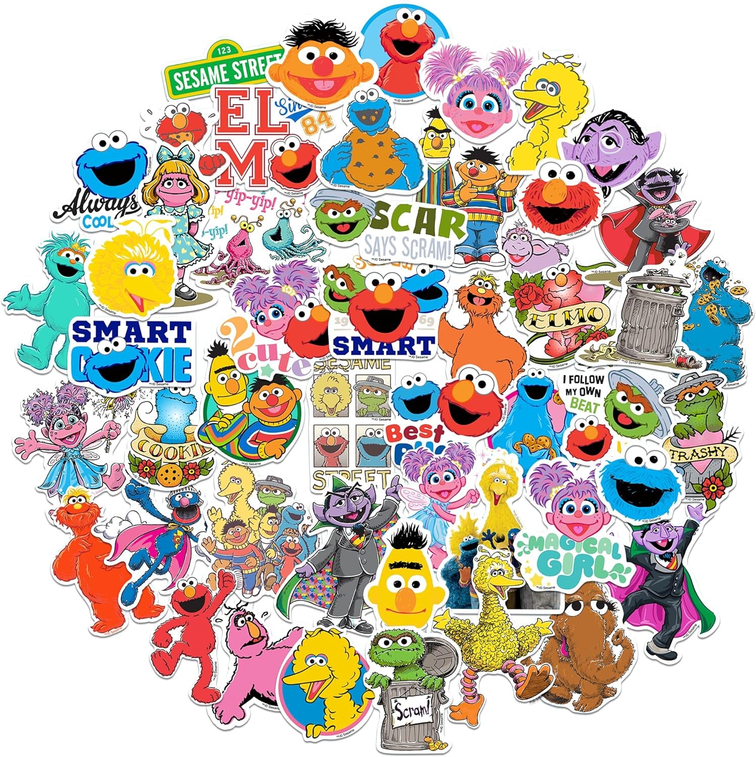 Sesame Street Sticker Pack Die Cut Vinyl Large Deluxe Stickers Variety Pack - Laptop, Water Bottle, Scrapbooking, Tablet, Skateboard, Indoor/Outdoor - Set of 50