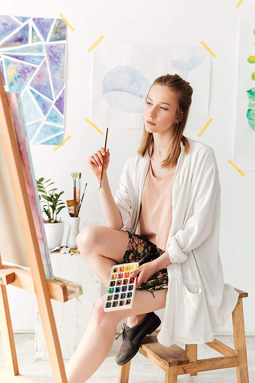 Artist Fan Paint Brush Set of 7, White Hog Bristle Natural Hair Anti-Shedding Brush Tips, Long Wooden Handle for Comfortable Holding, Great for Acrylic Watercolor Oil Painting