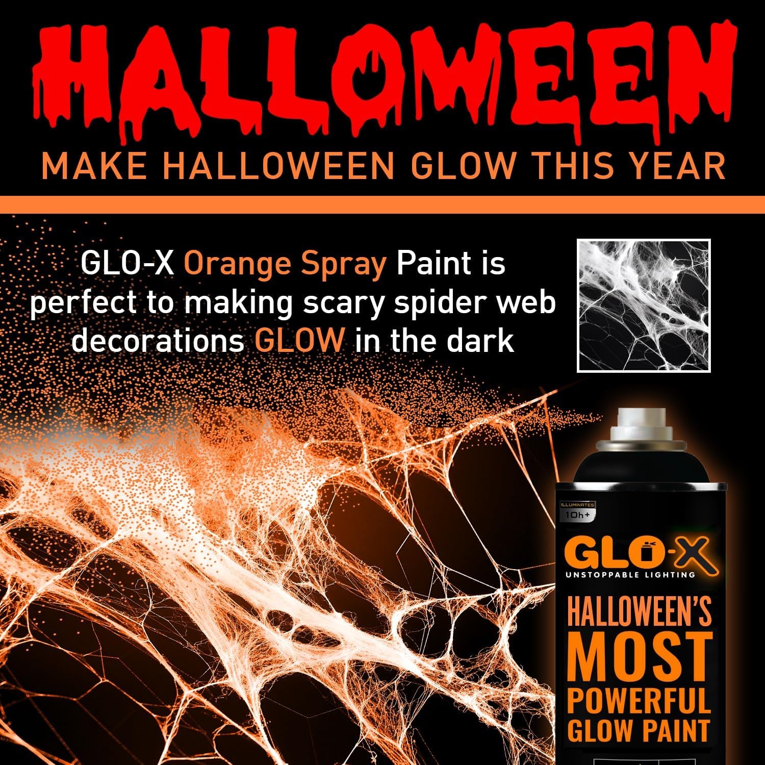 Orange Halloween Glow in the Dark Spray Paint - Make Indoor and Outdoor Halloween Decorations Glow Neon Fluorescent in the Dark - Metal Plastic Fabric