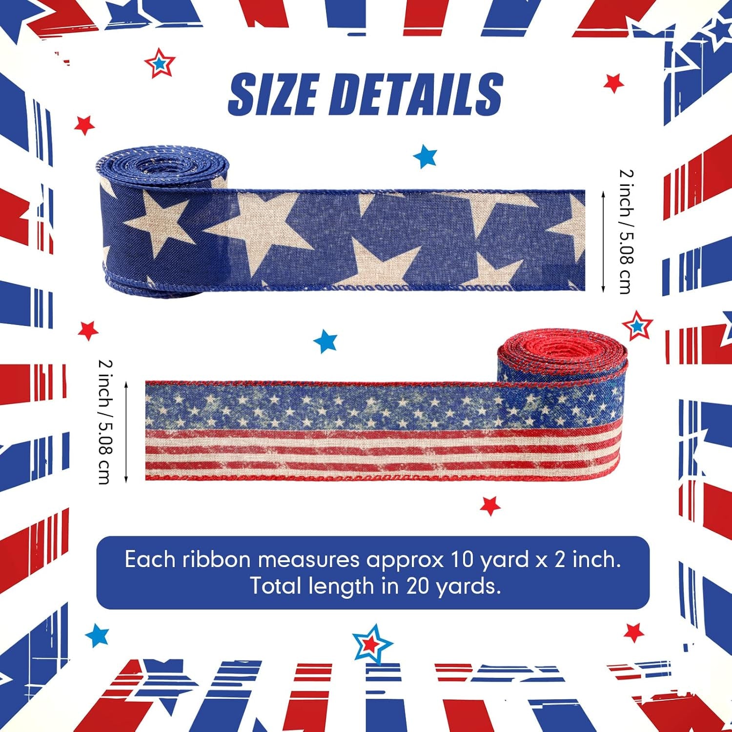 2 Rolls 20 Yard Patriotic Day Ribbon 4Th of July Wreath Ribbon Stars and Stripes Vintage Wired Ribbon Red White Blue American Flag Ribbon for Independence Day DIY Craft Party Decor