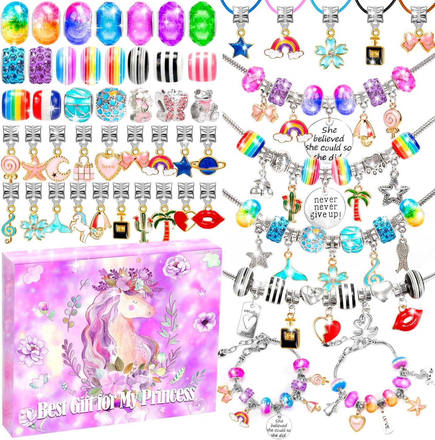 130 Pcs Charm Bracelet Making Kit, Jewelry Toy for Girl Age 8-12 Beads Craft Set for 5 6 7 8 9 10 11 12 Year Old Teenage Birthday Gift