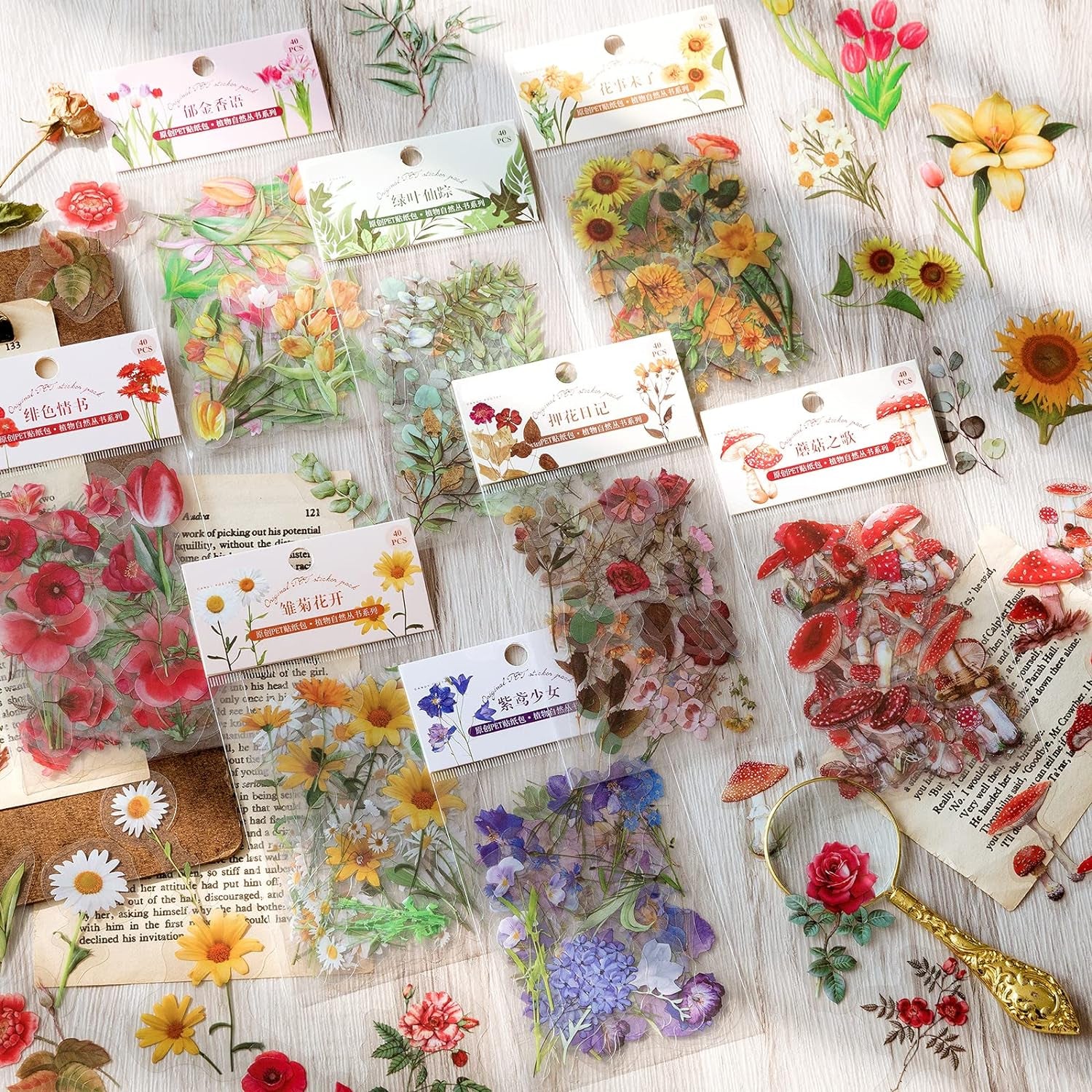 Botanical Stickers Set (320 Pieces) Pressed Flower Resin Decals Transparent Daisy Tulip Eucalyptus Leaf Mushroom Journaling Sticker for Scrapbook Card Making Junk Journal Bullet Journal Planner