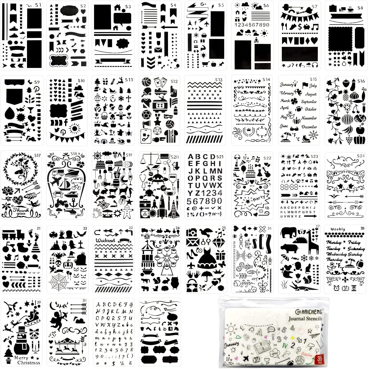 36 PCS Plastic Journal Stencils for Bullet Junk Journal Notebook Diary Drawing Scrapbook Journal Stencil Templates 4X7 Inch