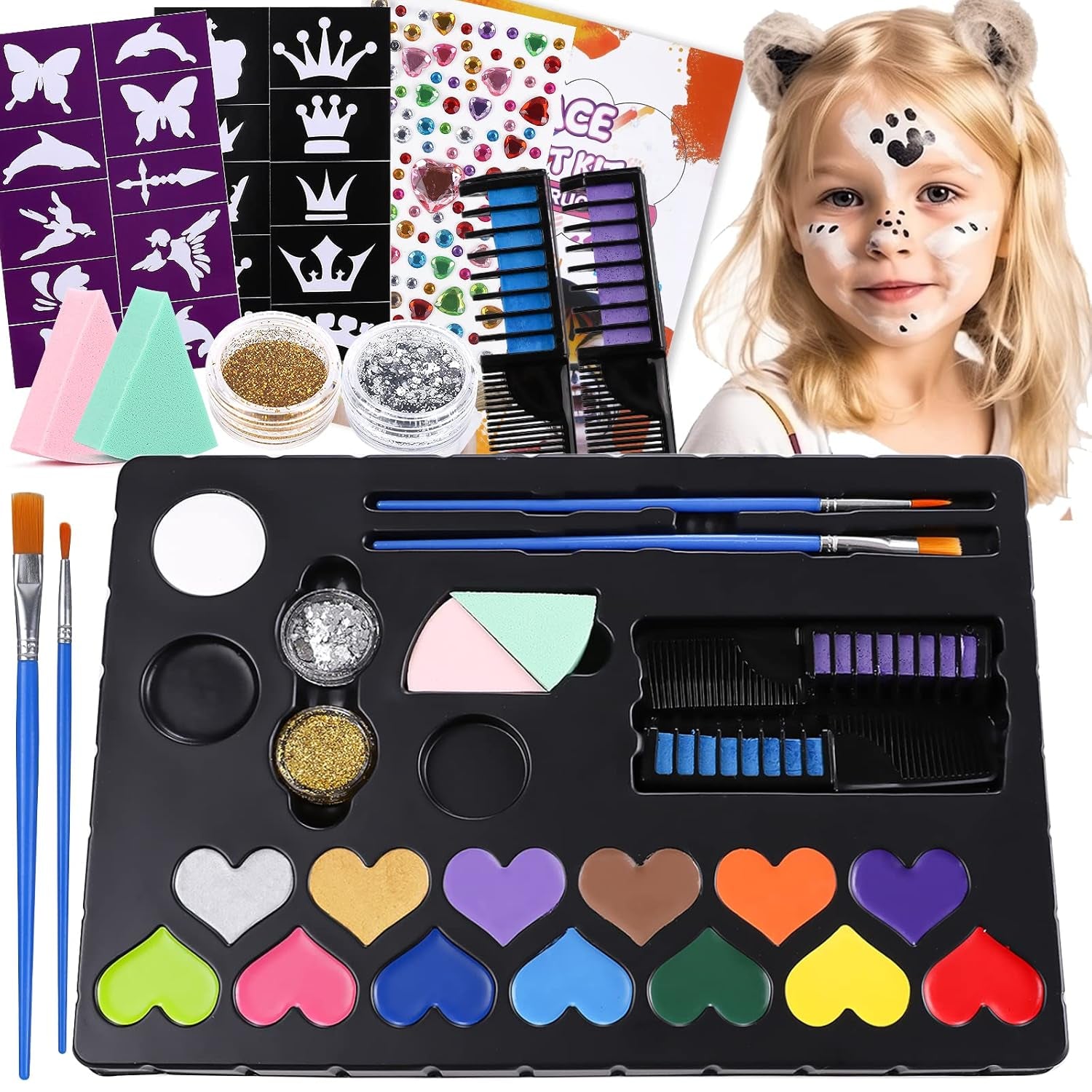 Face Painting Kit for Kids, 15 Colors Non-Toxic Water Based Face Paint Kits, Brushes Sponges Glitters Gem Sheet Stencils Hair Chalk Halloween Makeup Kit Professional Kids Face Paint Kit