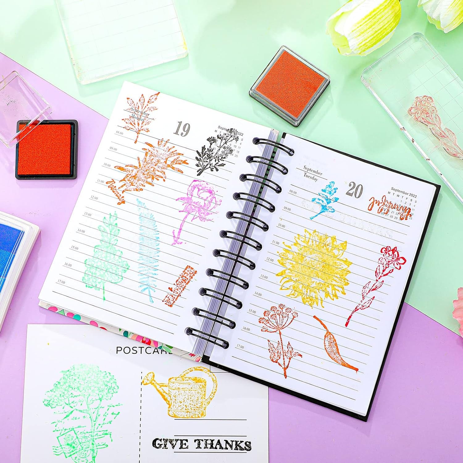 26 Pieces Acrylic Stamp Blocks Tools Set Including 8 Plants and Flower Silicone Clear Stamps Seal 6 Stamp Blocks 12 Craft Ink Pads Decorative Clear Stamps for Scrapbooking Card Making Journaling