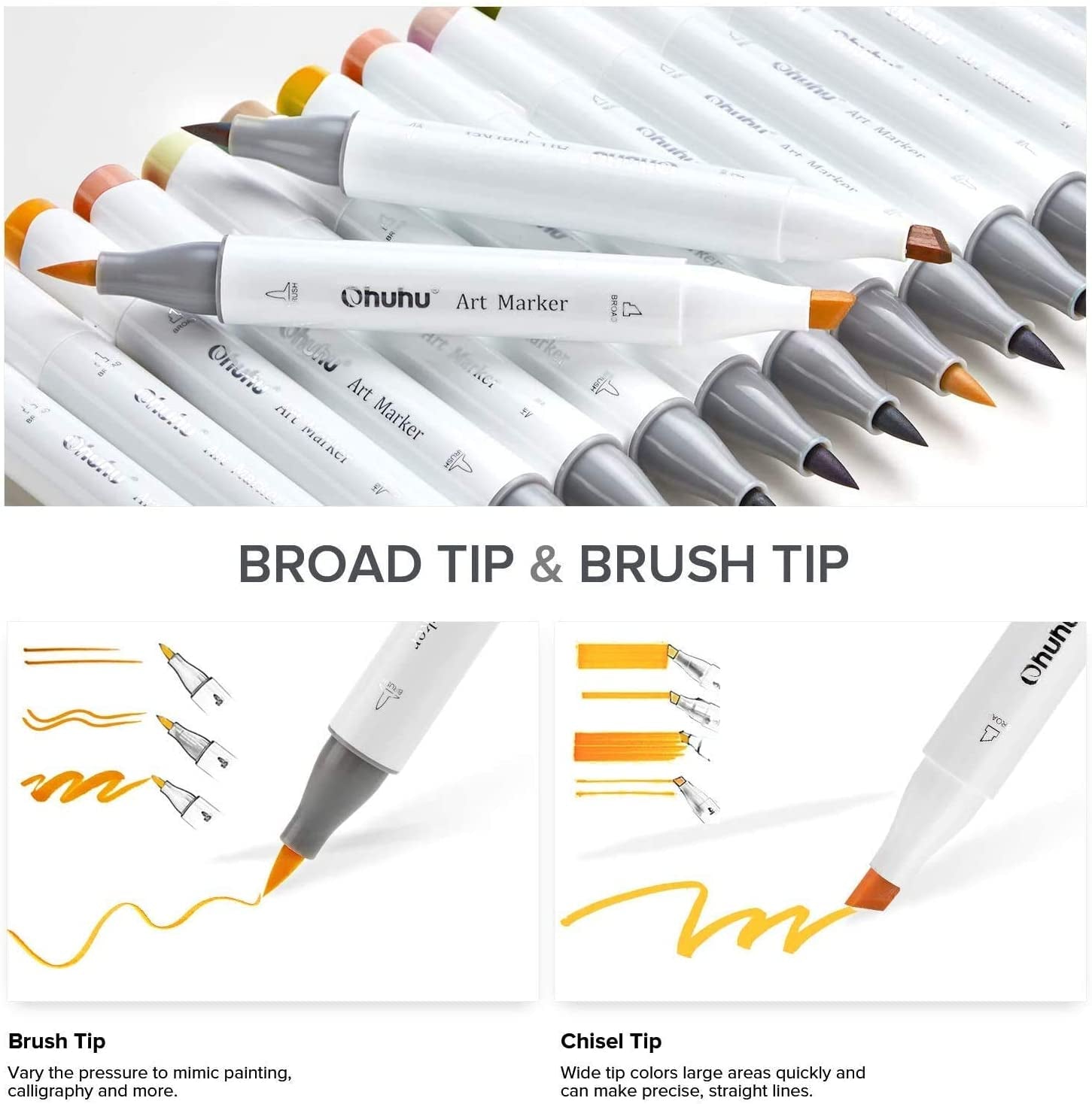 Skin Tone Alcohol Markers Brush Tip - 24 Portrait Color Markers for Artist Adults Coloring Illustration - Chisel & Brush - Honolulu - Refillable