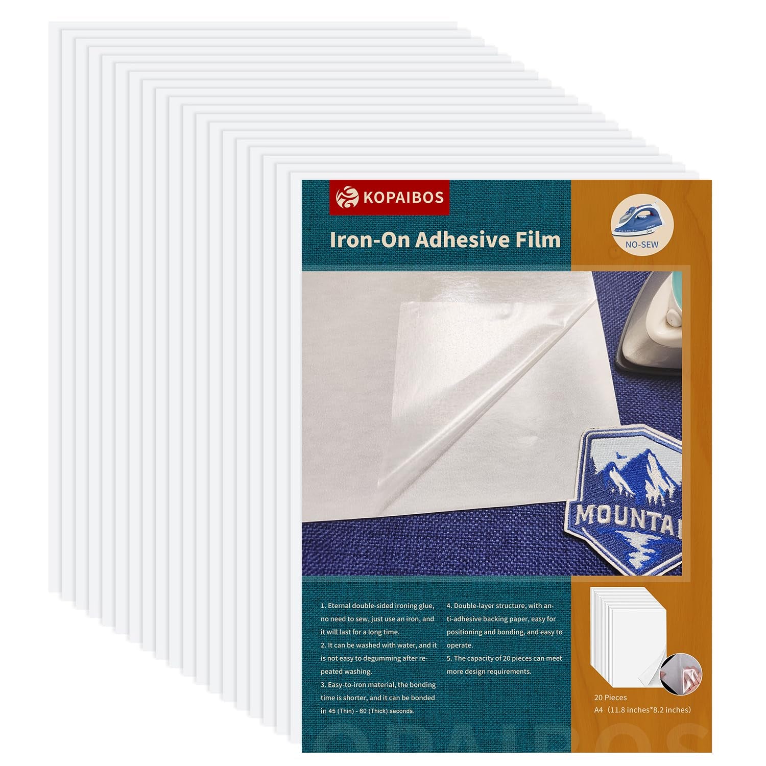 KEPAIBOS Double Sided Iron on Adhesive Sheets with Backing Easy-Iron Permanent Fusible Patch Fabric Glue A4 Size 20 PCS (Lightweight M)