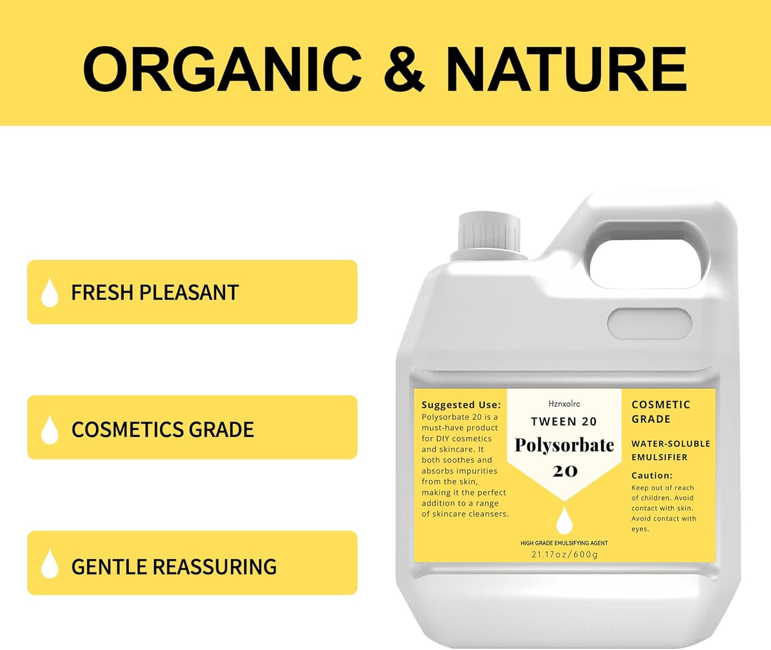 21.17 Oz Polysorbate 20 Emulsifier, Premium Polysorbate 20 (Tween 20) Liquid, 100% Pure, Cosmetics Grade, Gentle on Skin, Suitable for Making Lotions, Shampoos, Body Washes, Makeup Removers and More