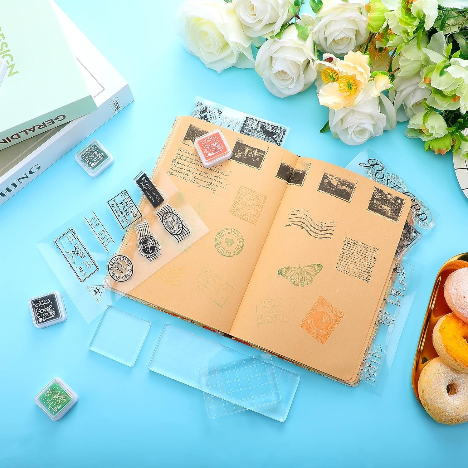 7 Pcs Vintage Rubber Clear Stamps Set 4 Sheet Transparent Postage Silicone Stamps 3 Pcs Acrylic Stamp Block Tools with Grid Lines Rubber Stamps Craft Supplies for DIY Scrapbooking Journaling