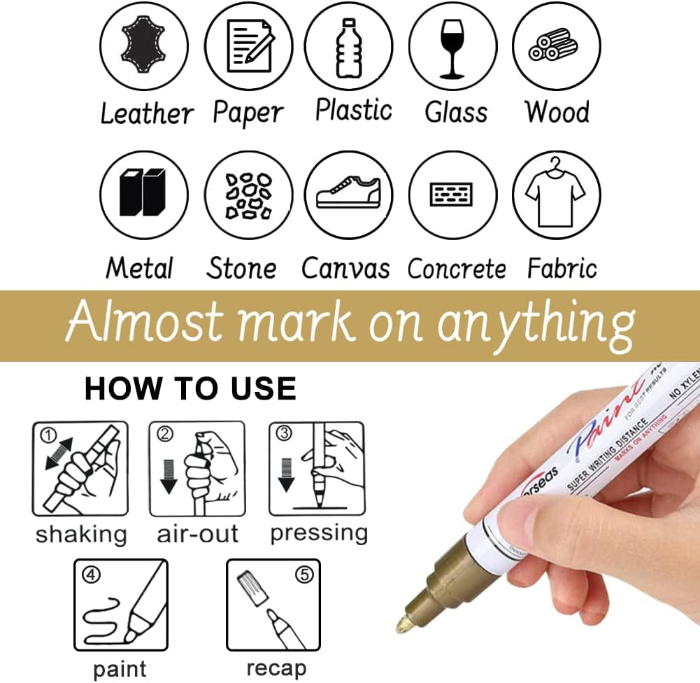 Gold and Silver Paint Marker Pens - 6 Pack Permanent Oil Based Metallic Paint Pen, Medium Tip, Quick Dry and Waterproof Markers for Stone, Wood, Metal, Plastic, Canvas, Glass, Ceramics, Rubber, Stone