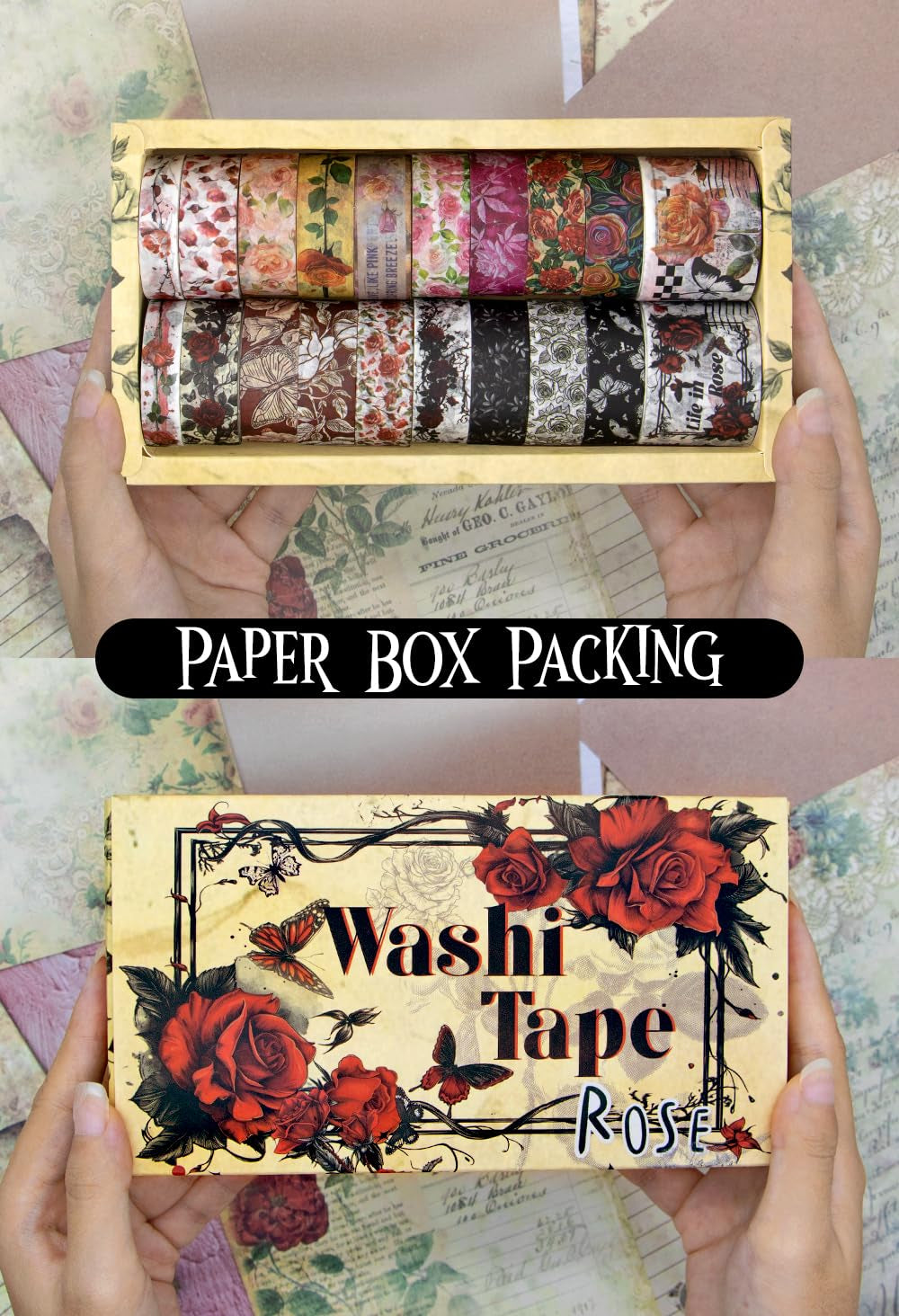 Rose Washi Tape Set, 20 Rolls Vintage Floral Washi Tapes for Journaling, Thanksgiving Flower Letter Butterfly Stickers Decorative Tapes for Crafts Supplies, Scrapbooking, Junk Journal (Love Theme)