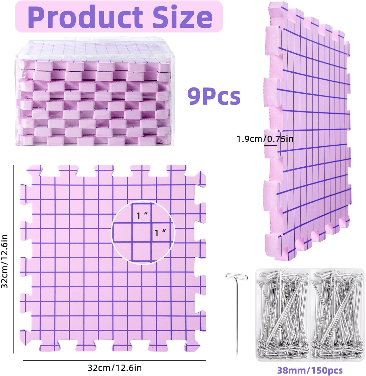 Blocking Mats for Knitting, Extra Thick Crochet Blocking Mats for Crochet Projects, Blocking Mats Boards for Crochet Projects with 150 T-Pins and Storage Bag for Knitting Supplies
