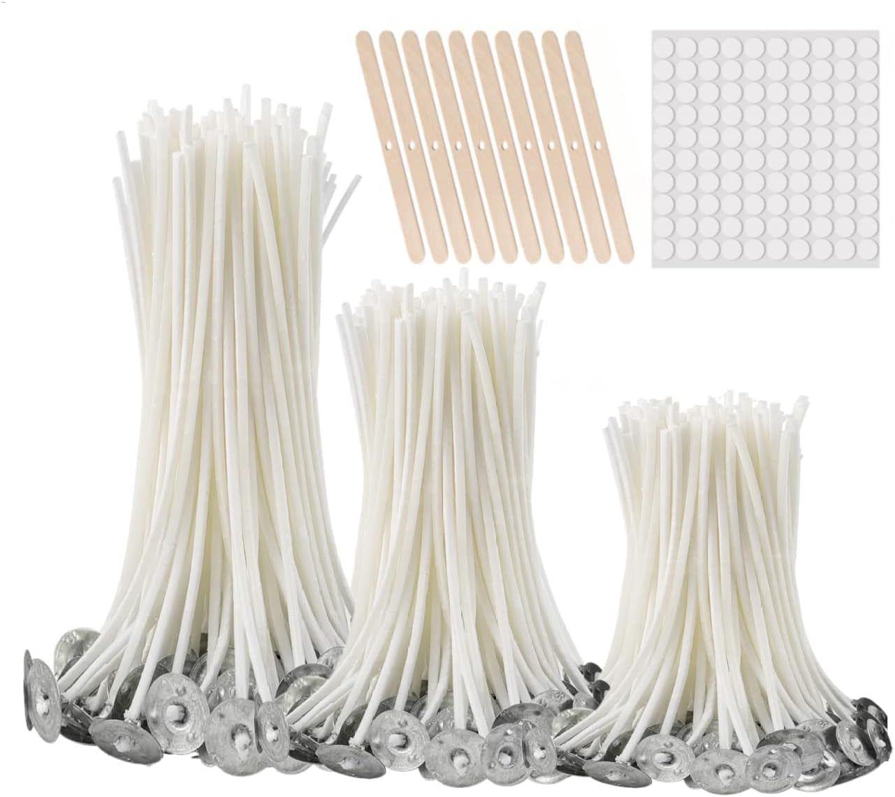 300Pcs Functional Smokeless Candle Wicks,100Pcs Wicks Sticker, Pre Waxed Cotton Wick with Metal Sustainer Tabs for Pillar Candle Making and Candle DIY, 9Cm/3.5In,15Cm/6In,20Cm/8In