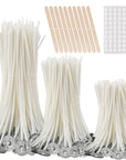 300Pcs Functional Smokeless Candle Wicks,100Pcs Wicks Sticker, Pre Waxed Cotton Wick with Metal Sustainer Tabs for Pillar Candle Making and Candle DIY, 9Cm/3.5In,15Cm/6In,20Cm/8In