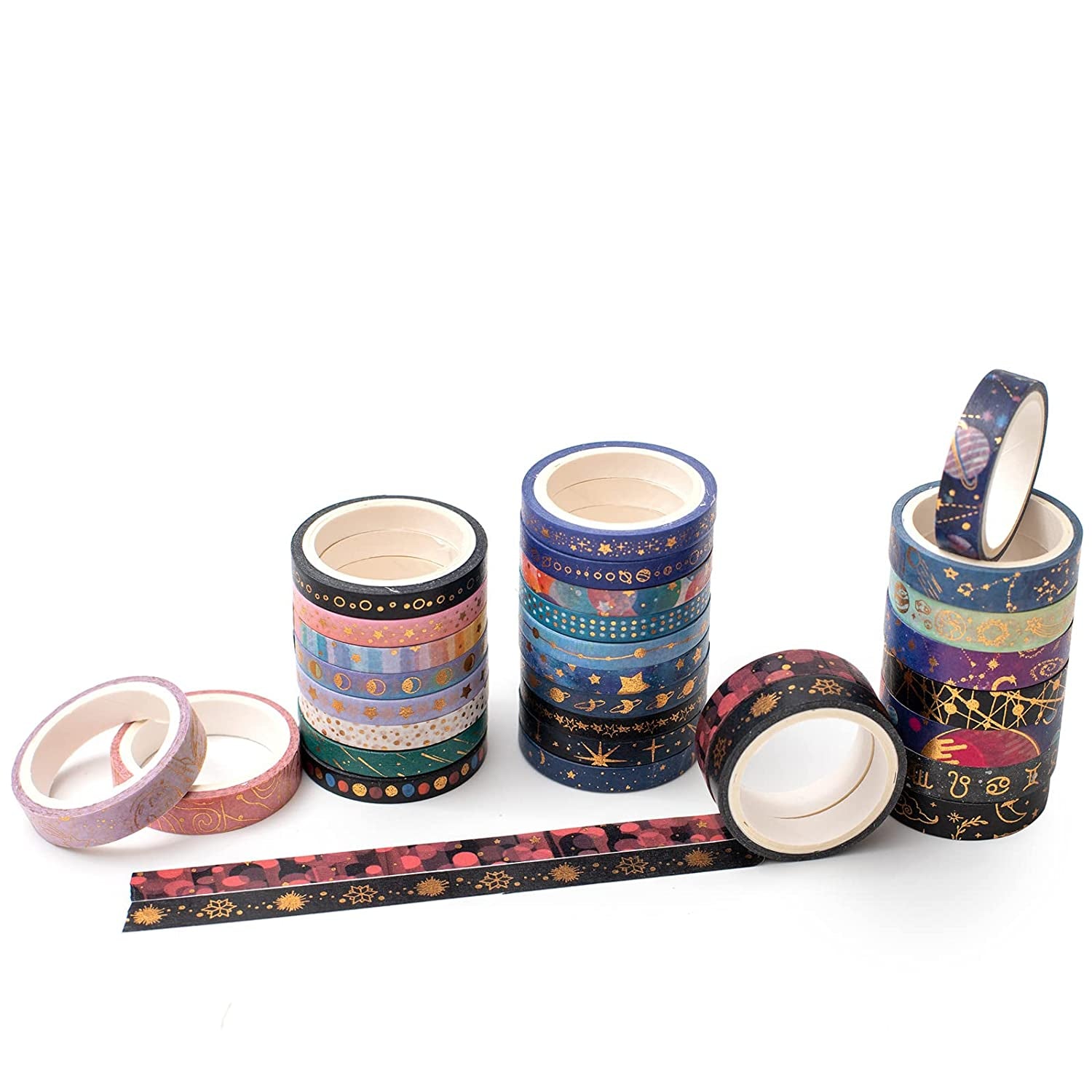 Skinny Galaxy Washi Tape Set 30 Rolls Gold Foil Decorative Starry Space Masking Tapes for Arts, DIY Crafts, Journals, Planners, Scrapbook, Wrapping