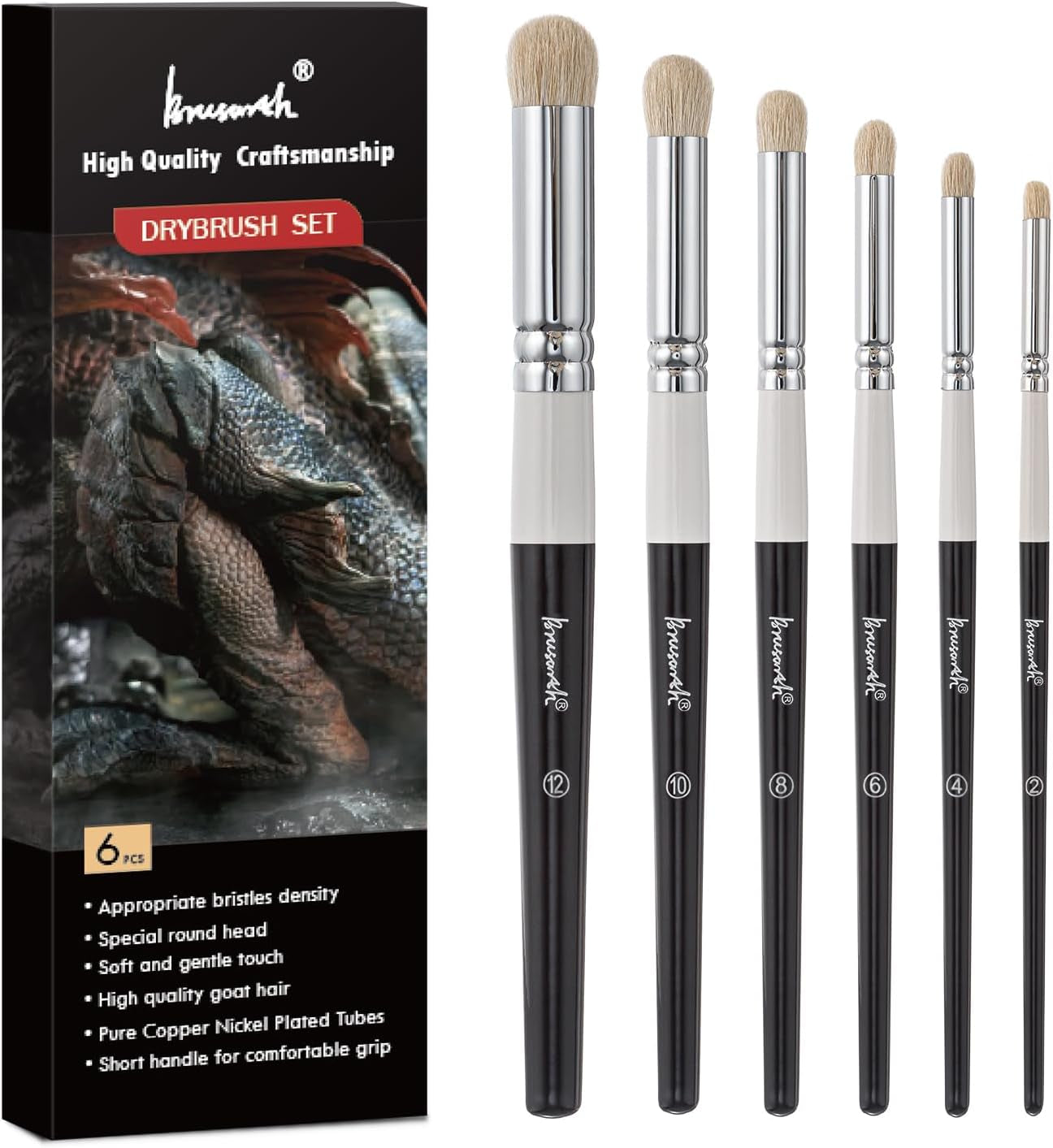 Drybrush Set-Hobby Detail Paint Brush Set, 6 Sizes Goat Hair Acrylic Paint Brushes for Tabletop & Wargames Miniature Watercolor Oil Painting, Model for Beginners & Professional