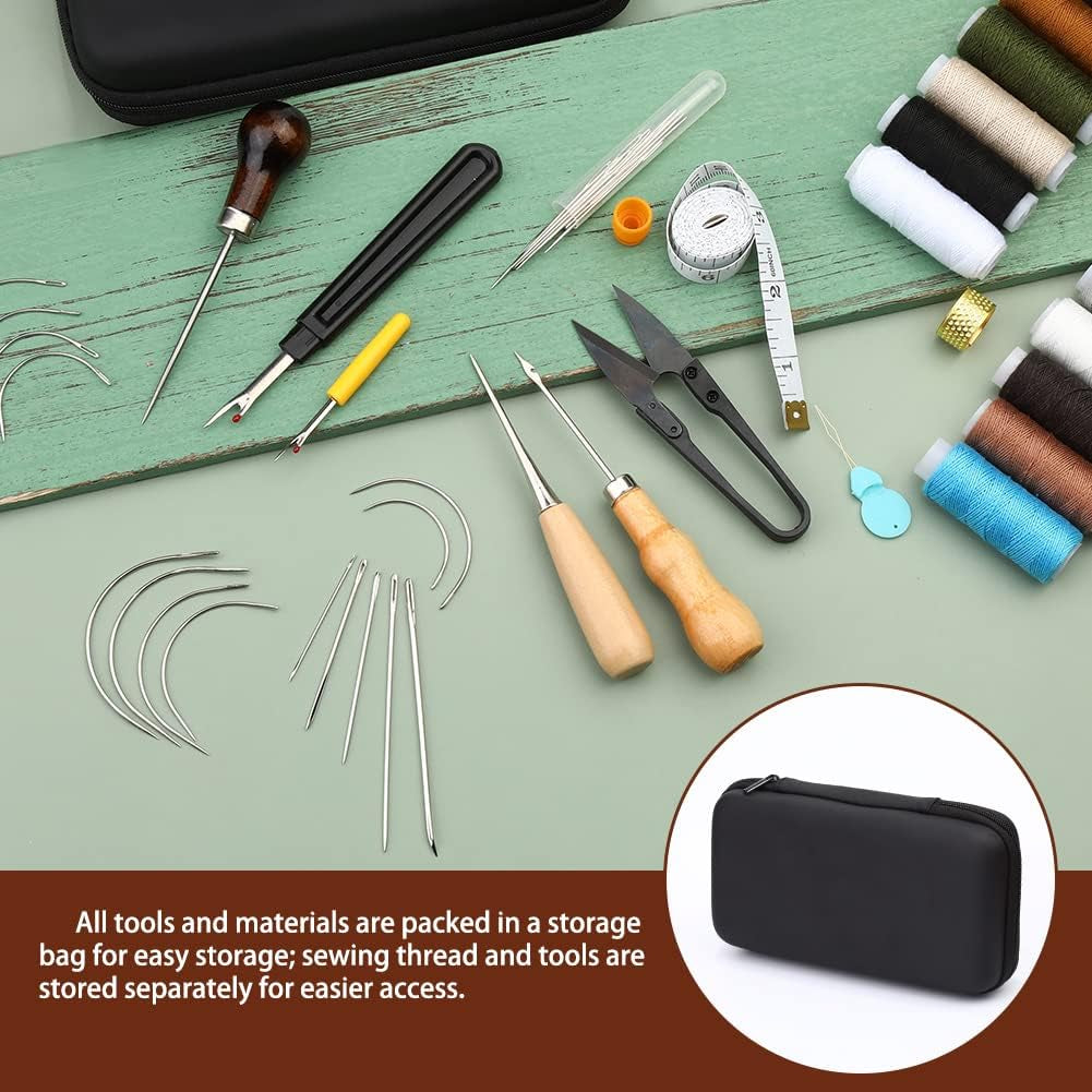 Upholstery Repair Kit, 48Pcs Leather Sewing Kit with Upholstery Thread, Sewing Awl, Seam Ripper, Needles, Thimble Leather Stitching Kit for Carseat Carpet Shoes Backpack Repair DIY Crafting
