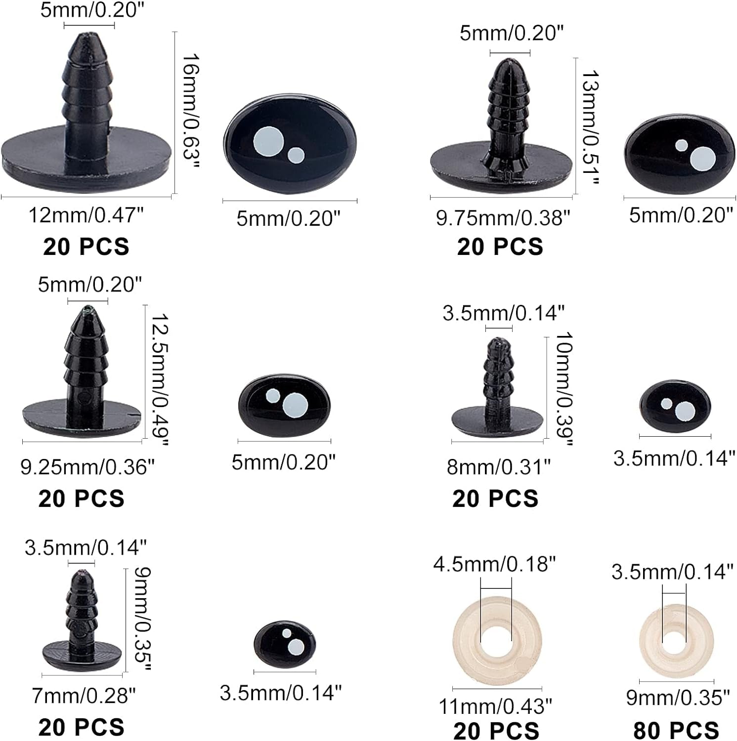 200Pcs Kawaii Safety Eyes, 5 Sizes Craft Eyes Black Stuffed Animal Eyes Kawaii Eyes with Washers Oval Resin Felt Eyes for Amigurumi Puppet Teddy Bear Crochet Plush Animal Making