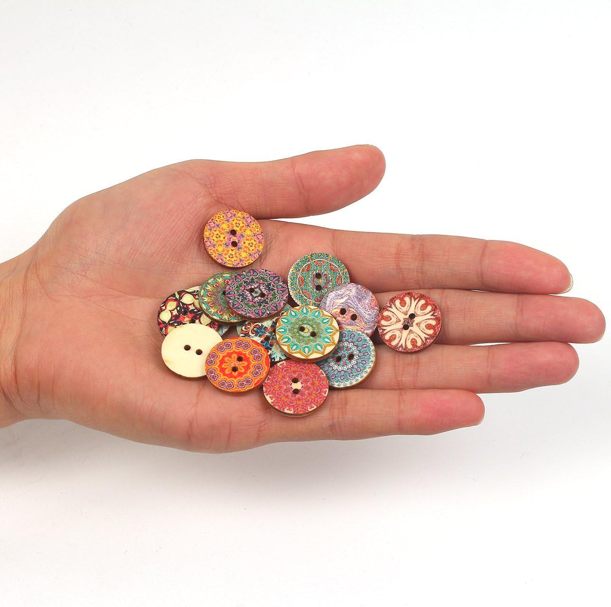 100Pcs Mixed Random Flower Painting round 2 Holes Wood Wooden Buttons for Sewing Crafting 20Mm
