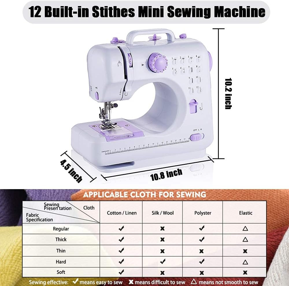Sewing Machine Portable Mini Electric Sewing Machine for Beginners 12 Built-In Stitches 2 Speed with Foot Pedal，Light, Storage Drawer.