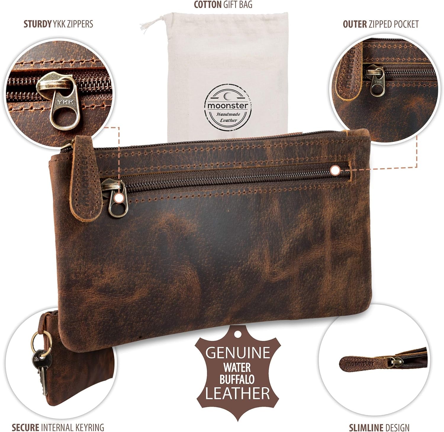 Leather Pencil Case Pouch 8" X 4" Handcrafted Leather Pen Case with Zipper - Elegant & Practical Brown Leather Pencil Pouch with Side Pouches - Pencil Pouch Leather