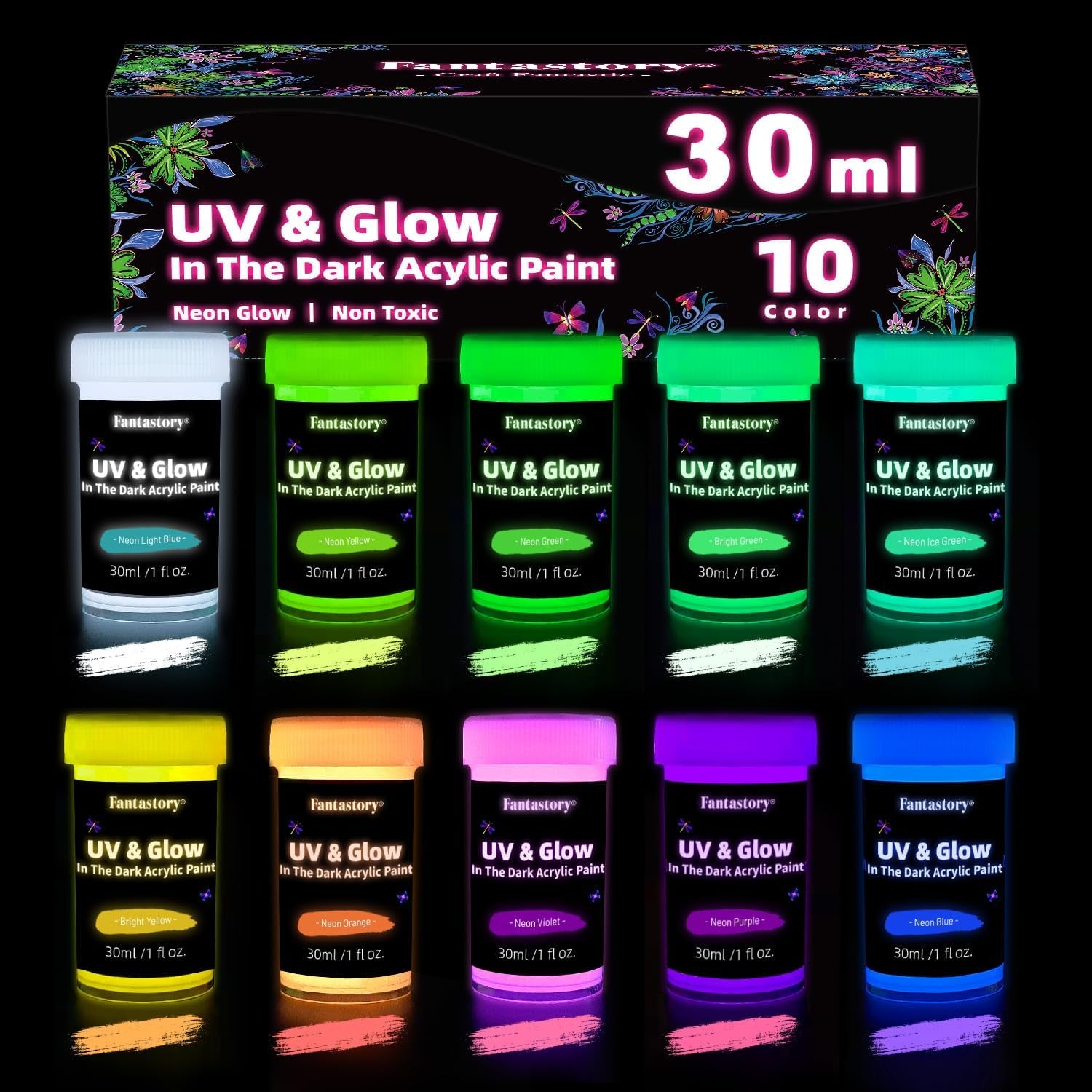 Glow in the Dark Paint, 60Ml/2Oz Neon Glow Acrylic Paints, 2IN1 Paint,Charge-Glow&amp; UV Activated for Outdoor Rocks, DIY Craft,Canvas,Holiday Decor,Christmas,Kids,Adults