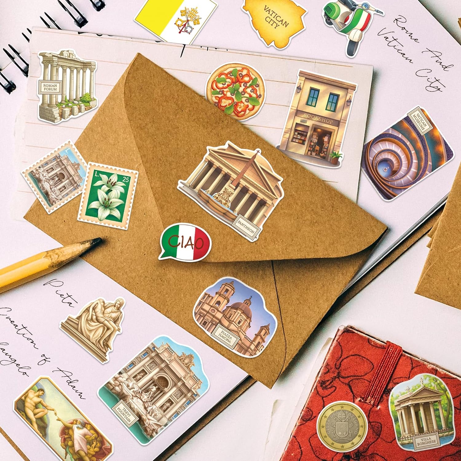 Historical Rome Travel Stickers (28Pcs) - Gouache Style, Waterproof, Italy Roman Vatican-Themed Vacation Decals for Scrapbooks, Waterbottle
