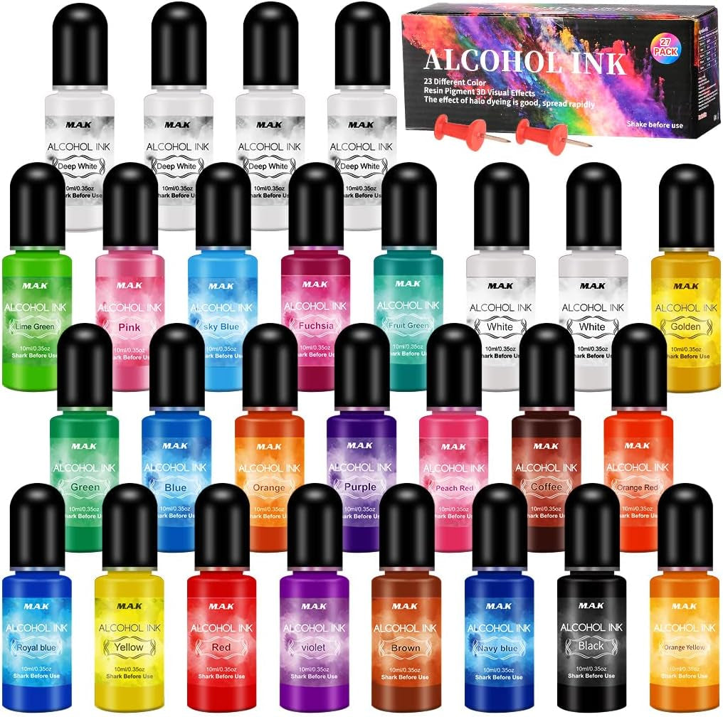 Alcohol Ink Set 27 Vibrant Colors,Epoxy Resin Paint Colour Dye, Concentrated Alcohol-Based Ink Pigment for Resin Petri Dish, Coaster, Resin Art, Tumbler Making, Acrylic Painting - 0.35Oz Each