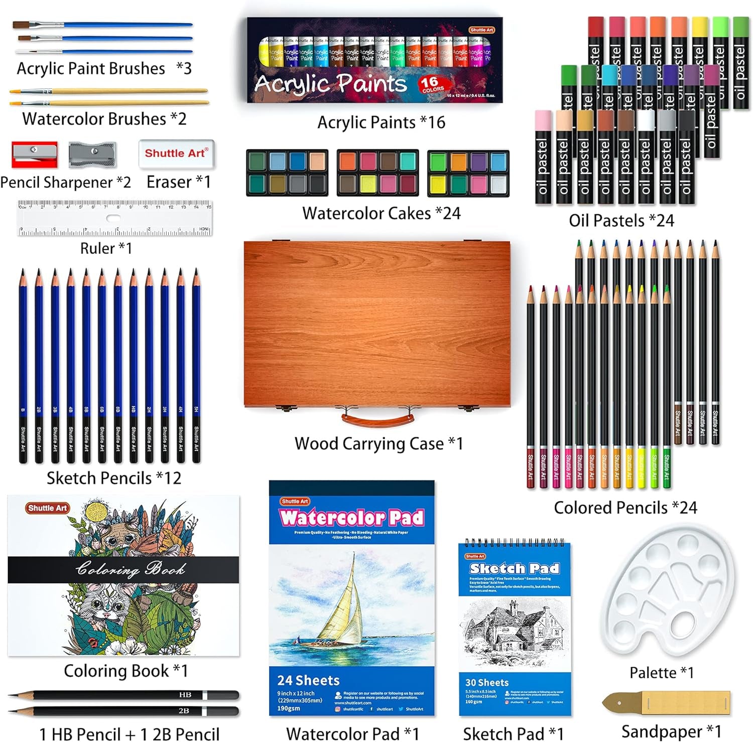 118 Piece Deluxe Art Set, Art Supplies in Wooden Case, Painting Drawing Art Kit with Acrylic Paint Pencils Oil Pastels Watercolor Cakes Coloring Book Watercolor Sketch Pad for Kids Adults