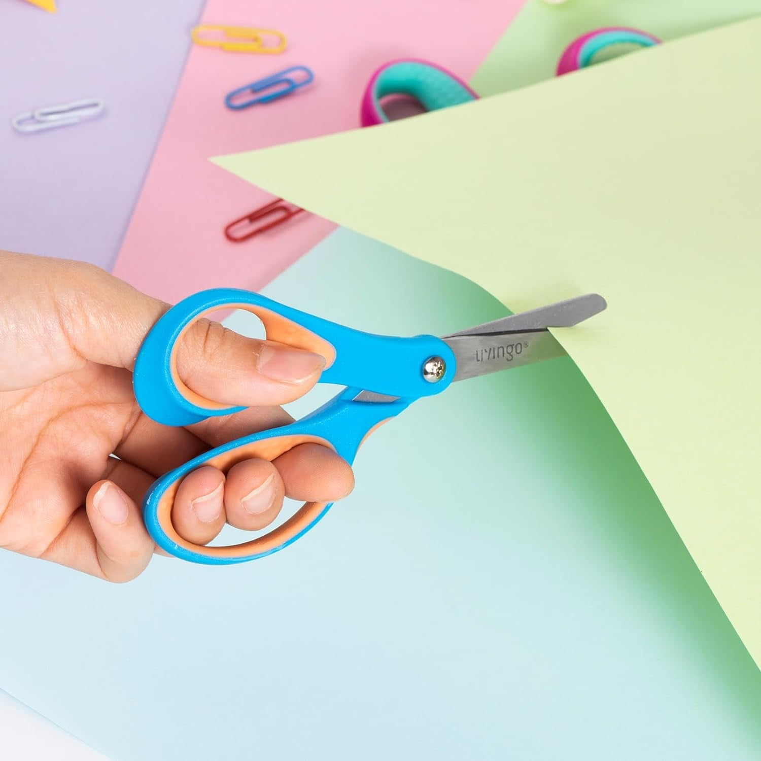 Left Handed Kids Scissors: Blunt Tip Safety Lefty Toddler Child Scissors for School Craft Cutting Paper - 3 Pack 5 Inches Comfort Grip Green, Rose Pink, Blue