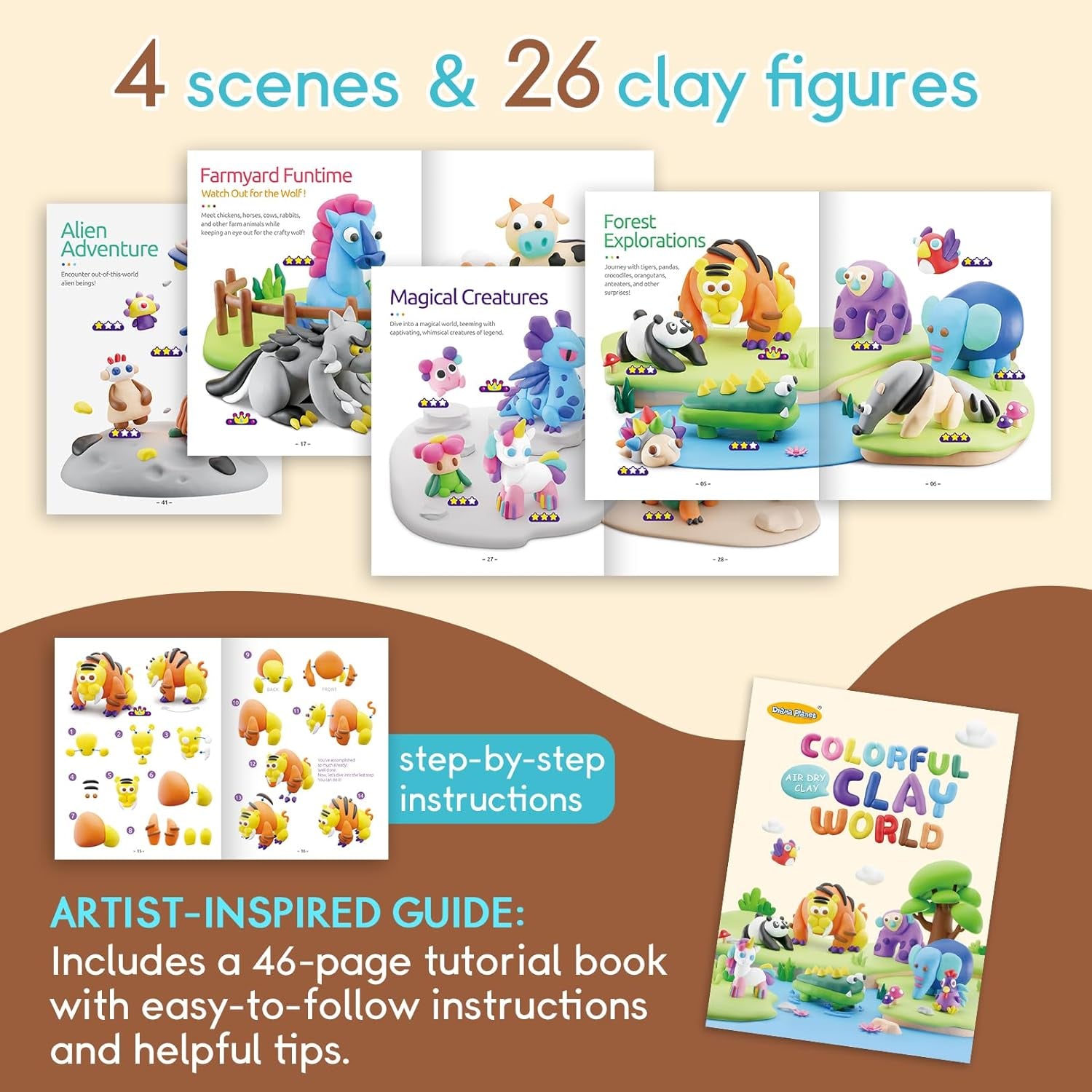 Air Dry Clay Kit for Kids - Comes with Instructional Guide Featuring 4 Scenes &amp; 26 Projects Tutorials, 18 Cans of Modeling Clay, Includes Display Stand, Gift for Girls and Boys