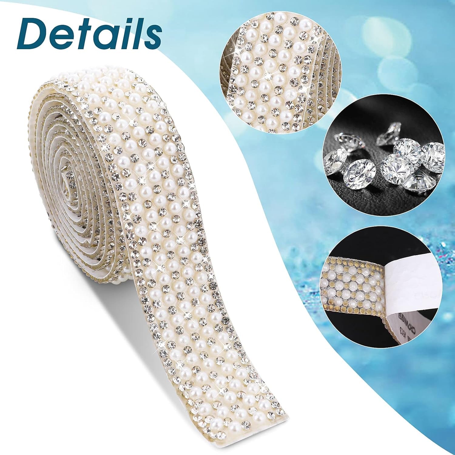 3 Rolls Pearl Ribbon Self Adhesive Pearl Rhinestone Ribbon Pearl Stickers Crystal Pearl Strips Rhinestone Strips Pearl Trim for Crafts DIY Wedding Birthday Party Phone Shoes Decoration
