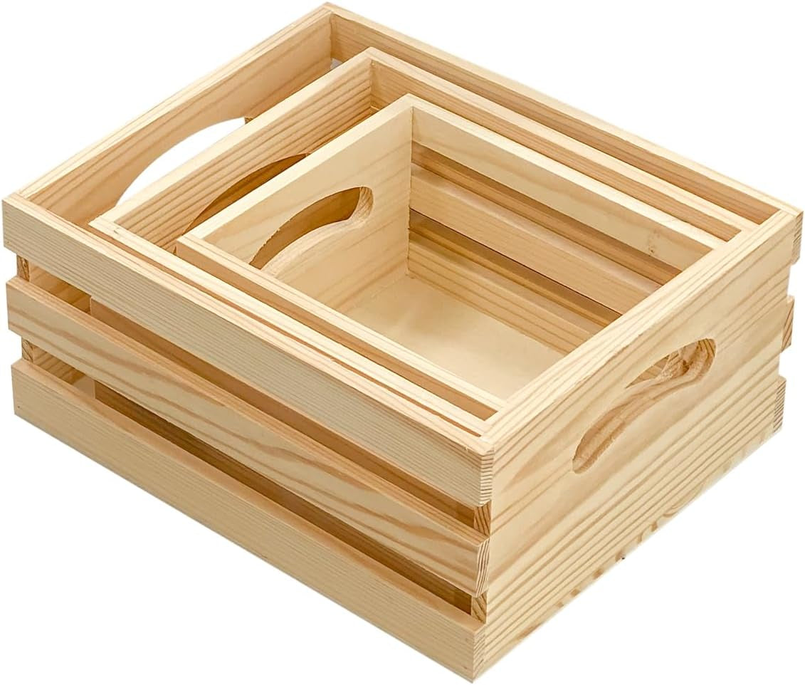Set of 3 Wooden Pallet Crates Nesting Unfinished Wood Trays Storage for DIY Crafts (Large Size 9.4 X 7.8 X 4.3 In)