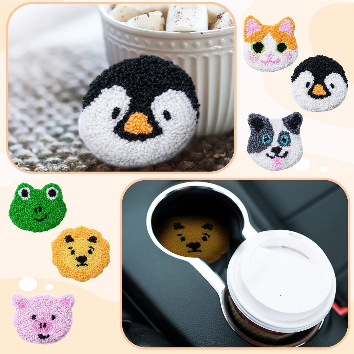 6 Set Animal Punch Needle Coasters Kit with Pattern, Yarn, Adhesive Felts, Hand Tools, Wooden Embroidery Hoop and Instruction Rug Punch Decoration DIY Art Crafts Kit for Adult Beginner