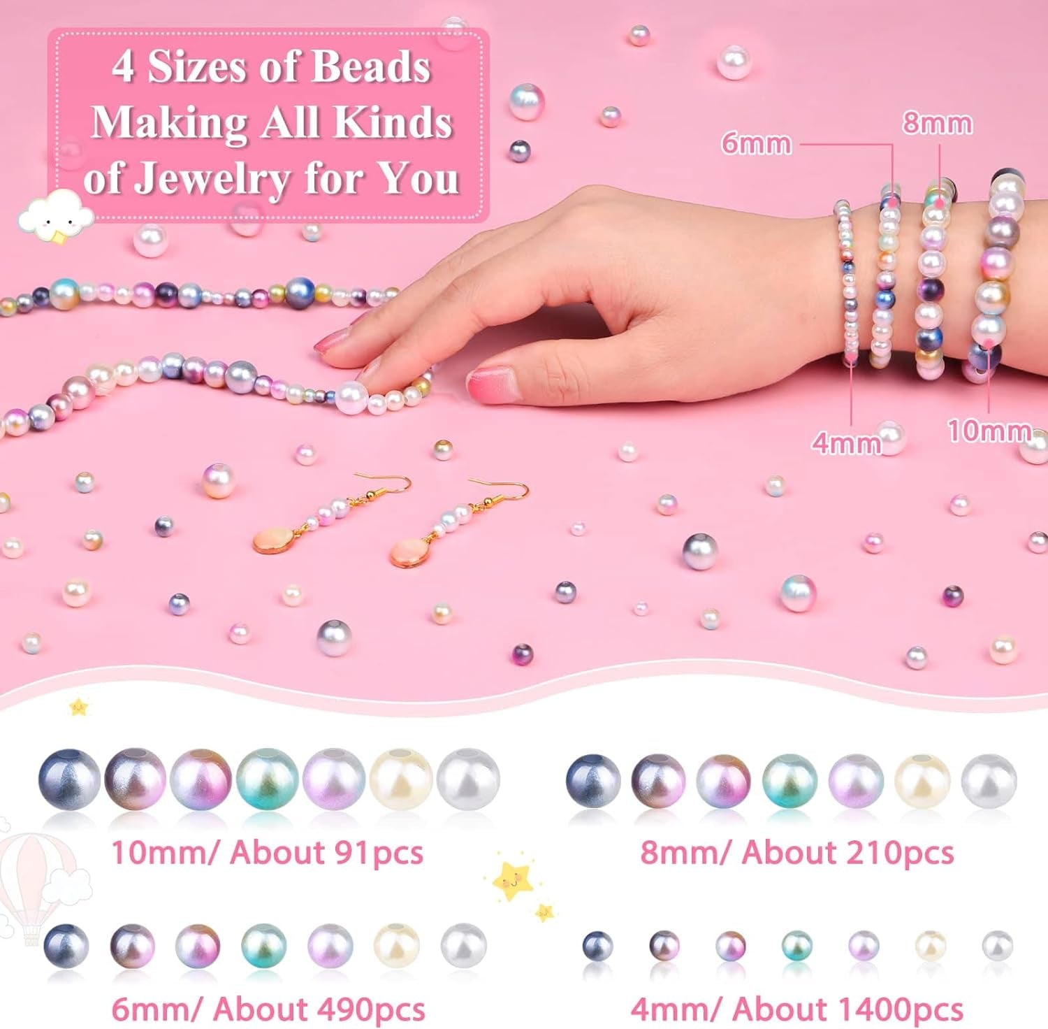 2200PCS Pearl Beads, 4/6/8/10Mm Multicolor Pearl Beads Loose Pearls for Crafts with Holes for Jewelry Making, Small Pearl Filler Beads for Crafting Bracelet Necklace Earrings