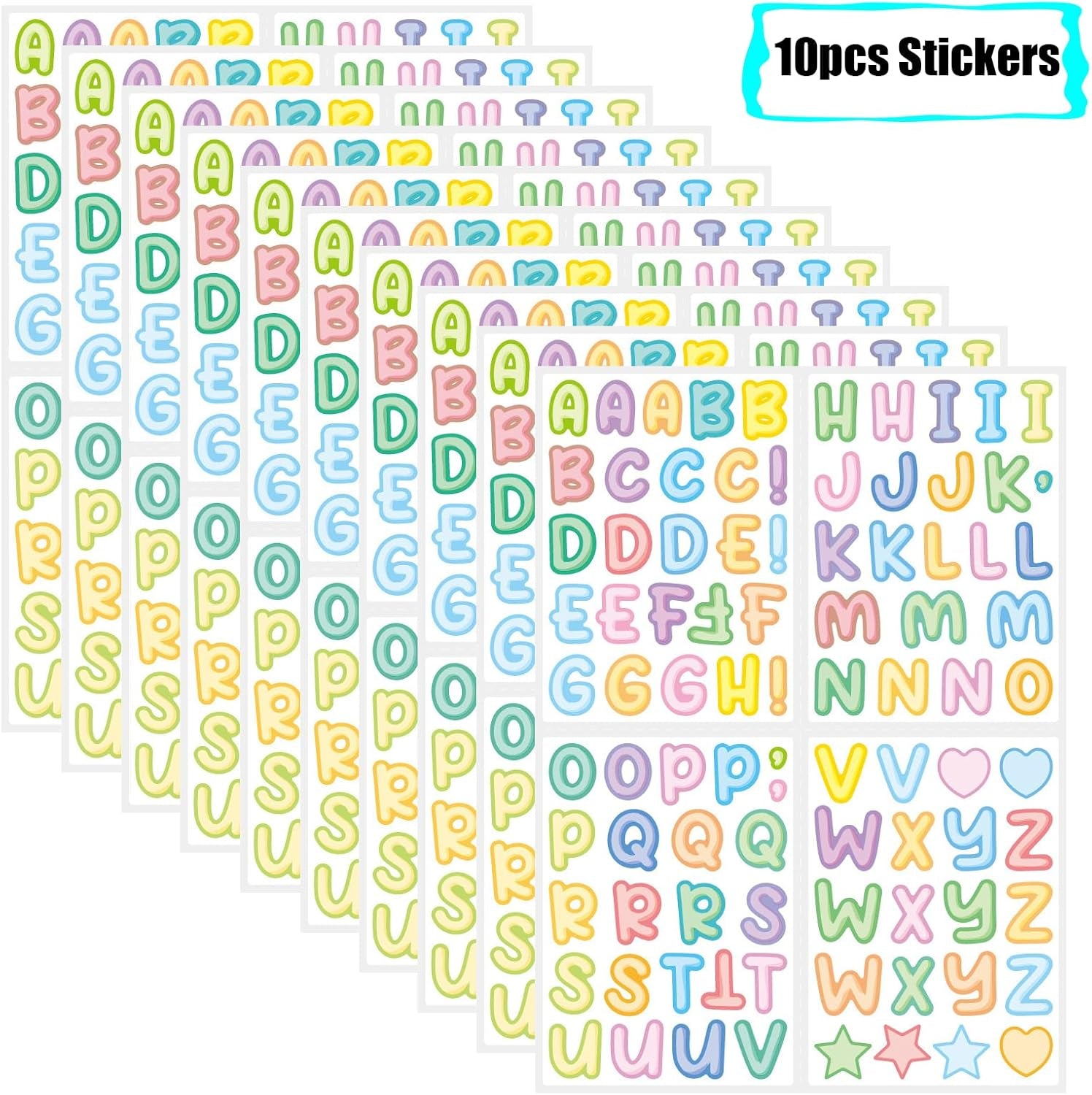 10 Sheets Colorful Letter Stickers for Kids 890 Alphabet Stickers Waterproof Water Bottle Vinyl Letter Sticker Scrapbook ABC Stickers for DIY Crafts, Card Wrapping, Handmade Labels, Name Stickers
