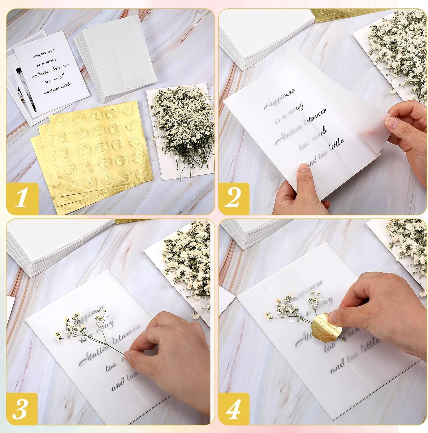 50 Pcs Wedding Invitations Wraps Set Include Pre Folded Vellum Jackets for 5X7 Invitations Natural Dried Pressed Flowers Gold Self Adhesive Envelope Seal Stickers for Craft DIY