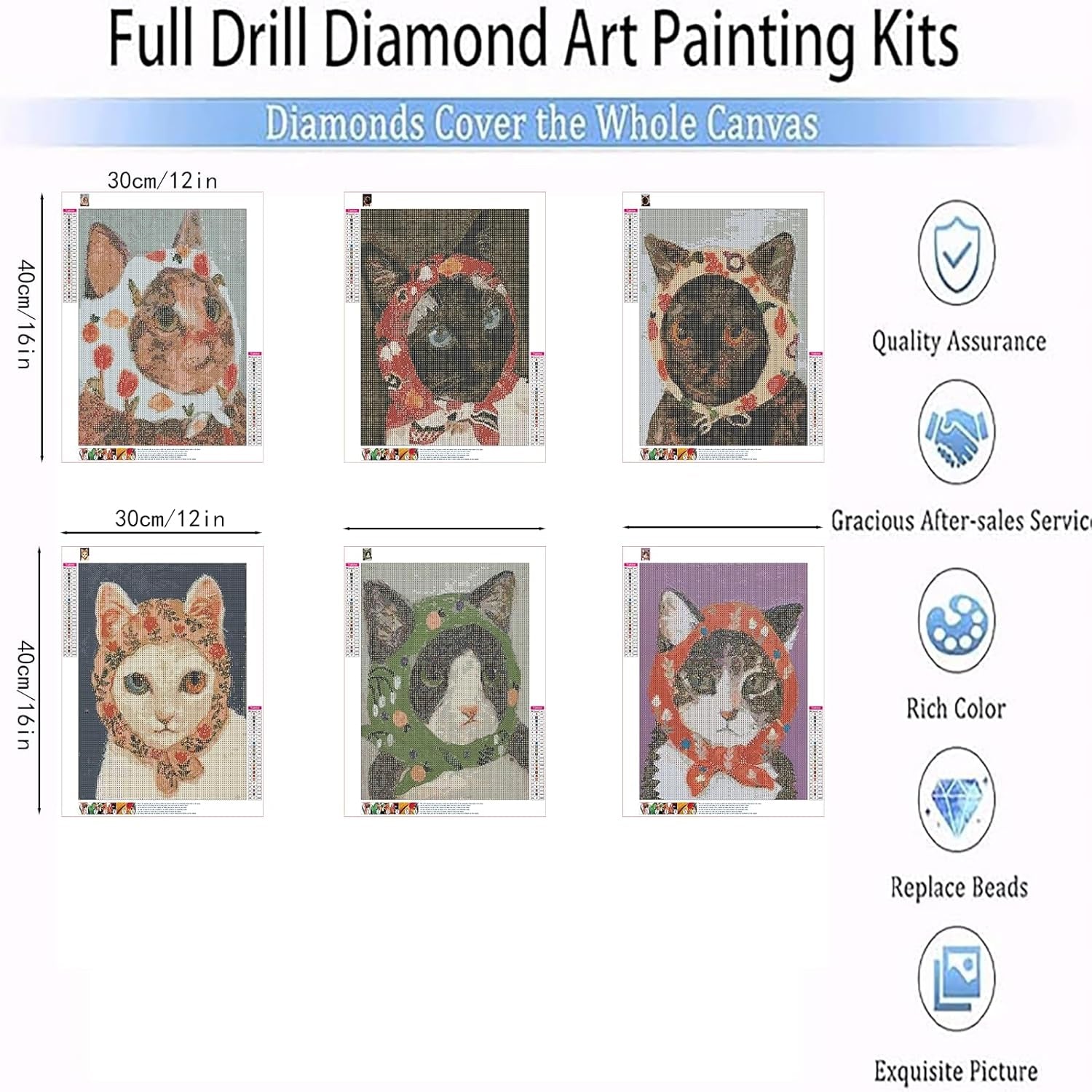 6 Pack 5D Diamond Painting Kits for Adults Beginners,Diy round Full Drill Diamond Art Kits Cartoon Cat,Paint by Diamonds Gem Art Crystal Easy,Animal Home Wall Decor 12X16 Inch