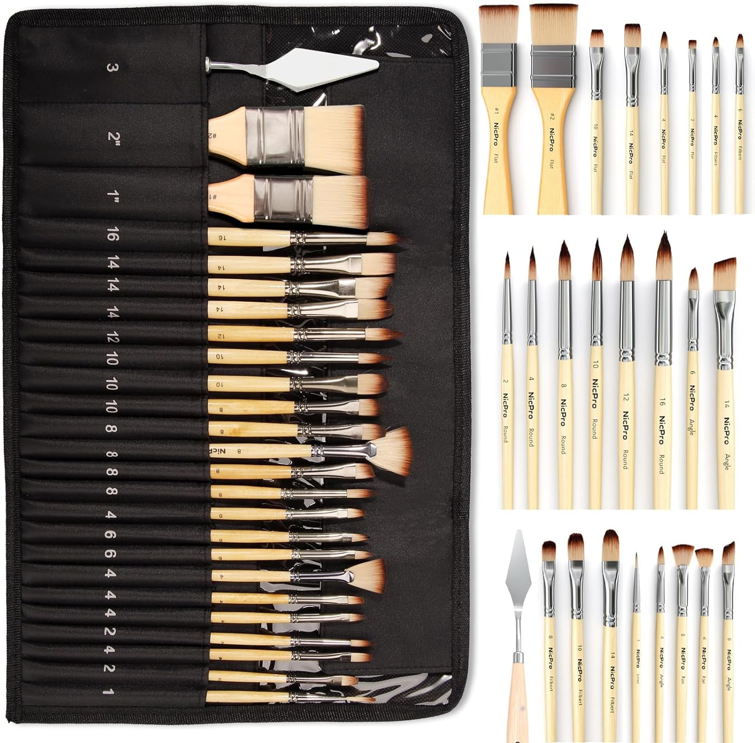 26Pcs Paint Brush Set, Professional Paintbrushes with Palette Knife and Cloth Roll, Artist Paint Brushes for Acrylic Painting, Oil, Watercolor & Gouache, Adults Kids Art Painting Tools Supplies